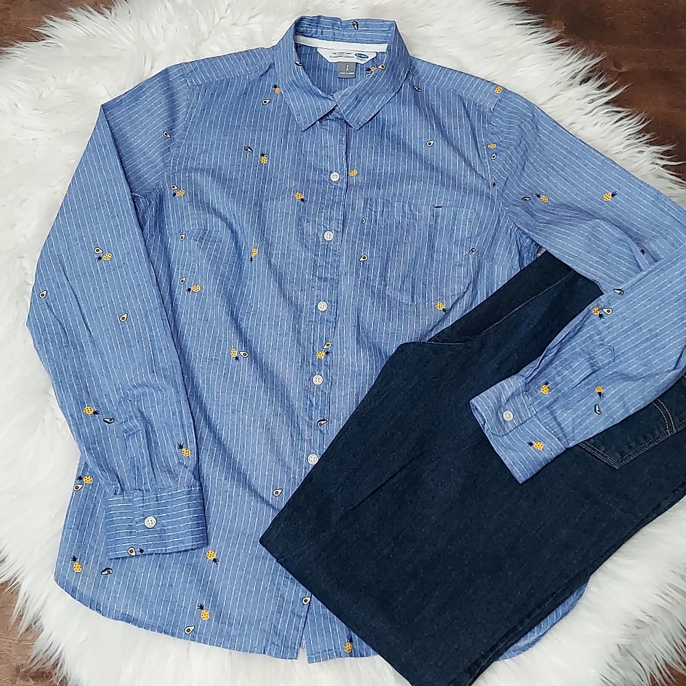 Old Navy Avocado Pineapple Pinstriped Button Shirt